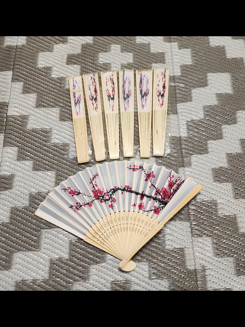 Handheld Folding Fan with Pink Blossom Design - Set of 7